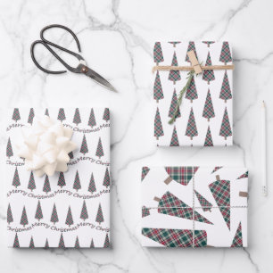 Weihnachtsbaum Tartan Muster auf Weiß Geschenkpapier Set