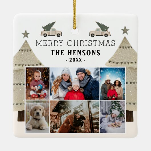 Weihnachtsbaum Truck Familie 6 FotoCollage Keramikornament (Rückseite)