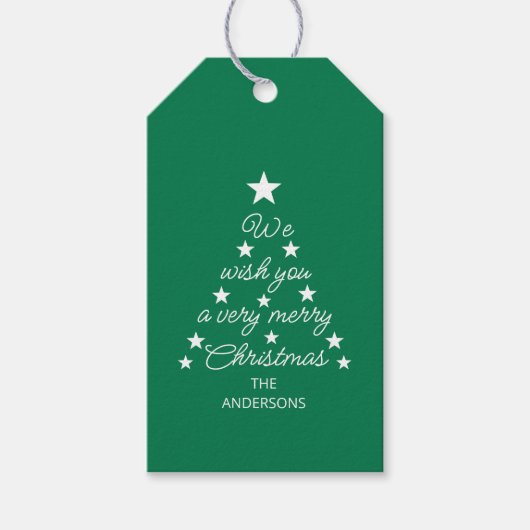 Weihnachtsbaum-Typografie Grün Weiße Sterne & Name Geschenkanhänger (Vorderseite)