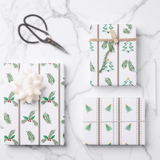 Weihnachtsbaum und Beeren mit Streifen Geschenkpapier Set (Vorderseite)