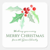 Weihnachtsbaum und Beeren Wasserfarbe Quadratischer Aufkleber (Vorderseite)