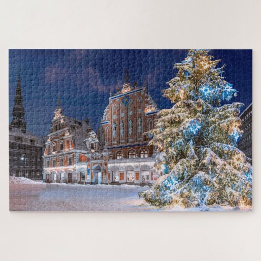 Weihnachtsbaum und Blackheads Haus in Riga Jigsaw Puzzle (Horizontal)