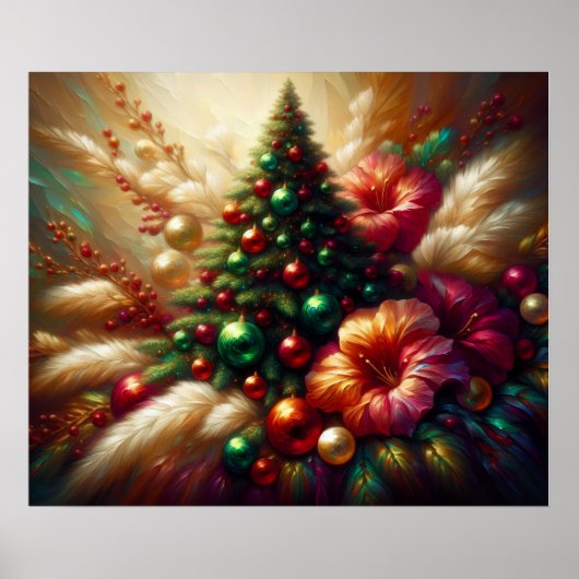 Weihnachtsbaum und Blumen an einer schönen Wand Poster (Vorne)