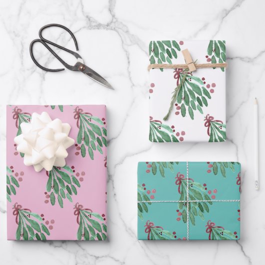 Weihnachtsbaum und Bow Pink Aquamarin Geschenkpapier Set (Vorderseite)