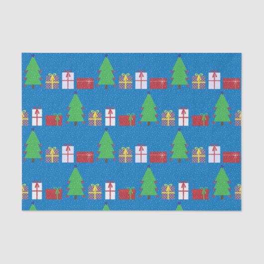 Weihnachtsbaum und Geschenke auf blauem Gewebe Seidenpapier (Vorderseite)