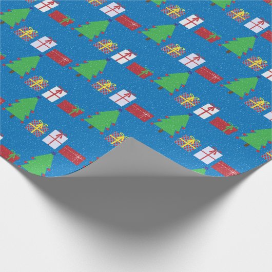Weihnachtsbaum und Geschenke auf blauem Wrapping P Geschenkpapier (Ecke)