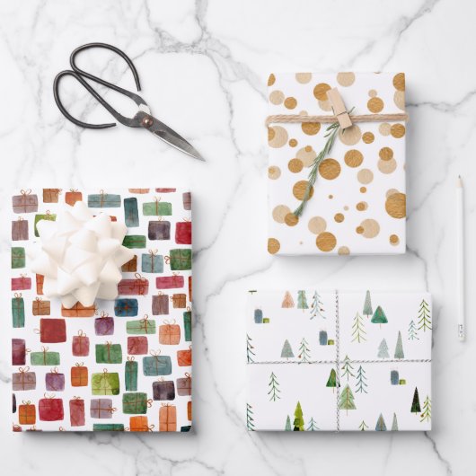 Weihnachtsbaum und Geschenke Geschenkpapier Set (Vorderseite)