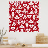 Weihnachtsbaum und Gingerbread Man Pattern auf Rot Poster (Küche)