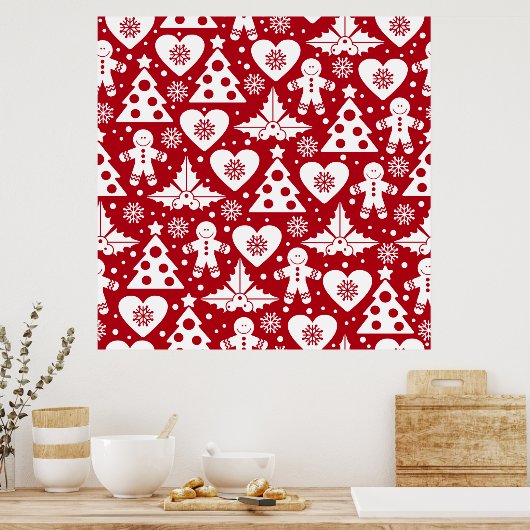 Weihnachtsbaum und Gingerbread Man Pattern auf Rot Poster (Küche)