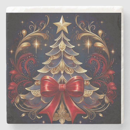 Weihnachtsbaum und große rote Kuh Steinuntersetzer (Vorderseite)