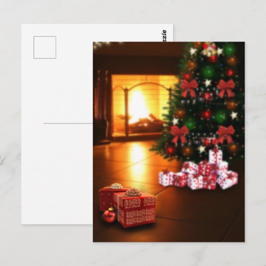 Weihnachtsbaum und Kamin Postkarte (Vorne/Hinten)