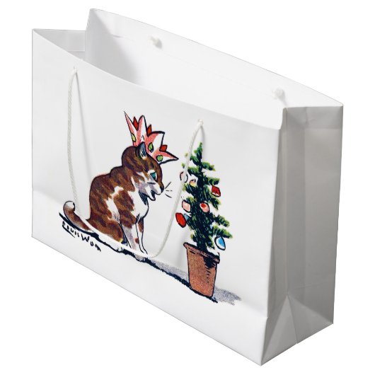 Weihnachtsbaum und Kitten, Louis Wain Große Geschenktüte (Vorderseite Schrägansicht)