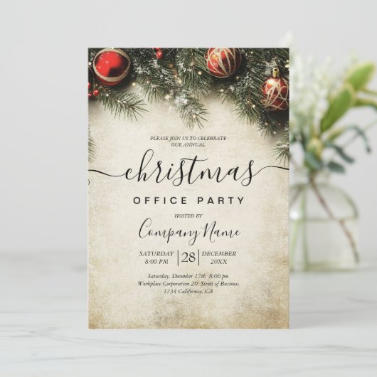 Weihnachtsbaum und Ornamente Weihnachtsbüros Party Einladung (Stehend Vorderseite)