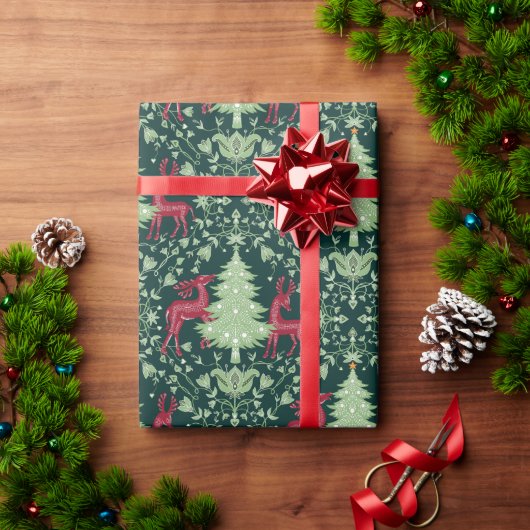 Weihnachtsbaum und Rentier - Volkskunst - Grün Geschenkpapier (Feiertagsgeschenk)