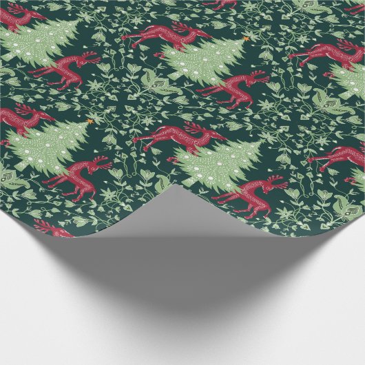 Weihnachtsbaum und Rentier - Volkskunst - Grün Geschenkpapier (Ecke)