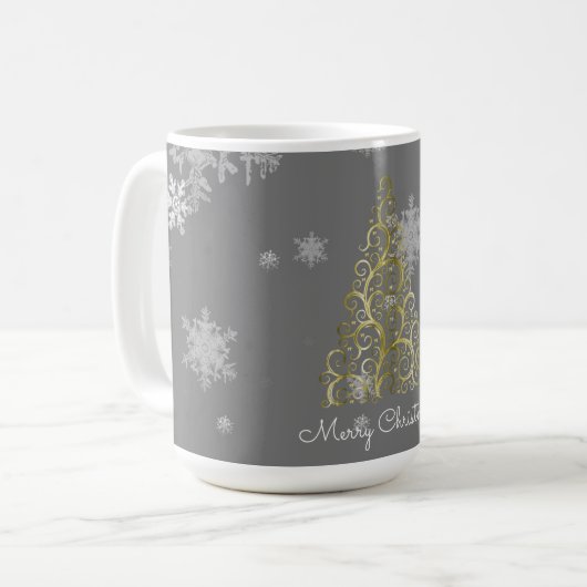 Weihnachtsbaum und Schneeflocken Tasse (Vorderseite Links)