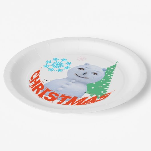 Weihnachtsbaum und Schneemann Pappteller (Schrägansicht)