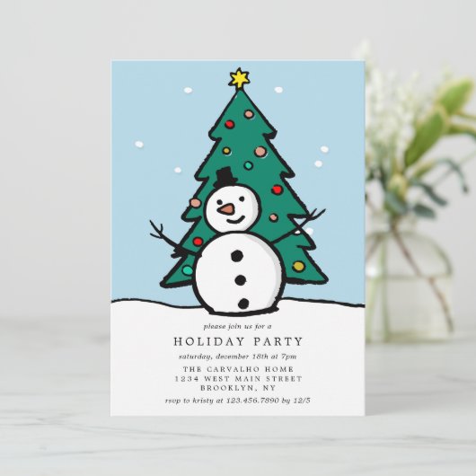Weihnachtsbaum und Snowman Holiday Party Einladung (Stehend Vorderseite)