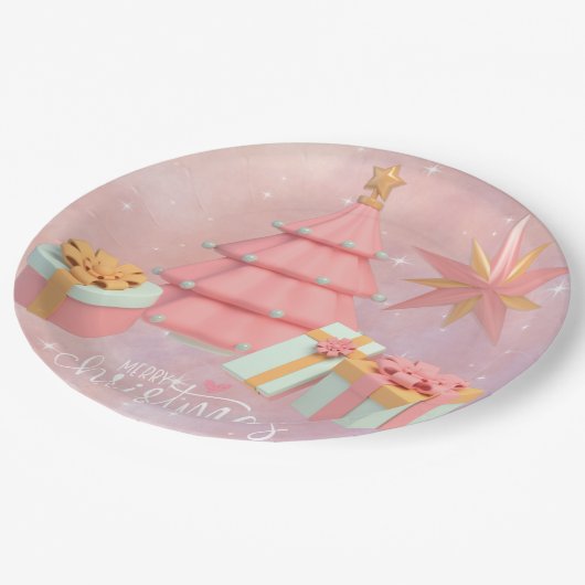 Weihnachtsbaum und Sterne in Rosa und Gold Pappteller (Schrägansicht)