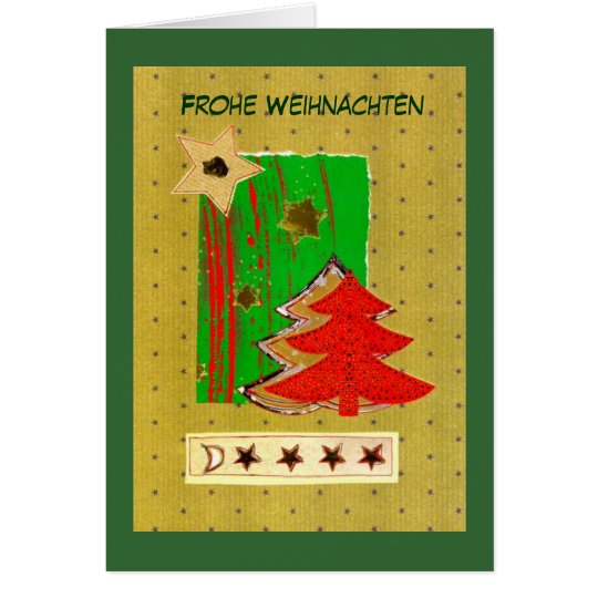 Weihnachtsbaum und Sterne modern in Rot-Gold-Grün Karte