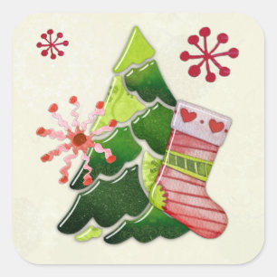 Weihnachtsbaum und Strumpf Whimsey Quadratischer Aufkleber