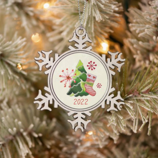 Weihnachtsbaum und Strumpf Whimsey Schneeflocken Zinn-Ornament (Baum)