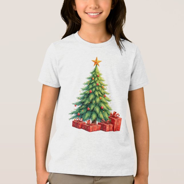 Weihnachtsbaum und verpackte Geschenke Tri-Blend Shirt (Vorderseite)
