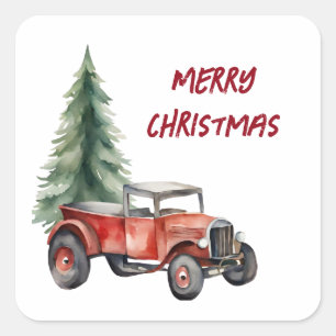 Weihnachtsbaum und Vintager LKW Quadratischer Aufkleber