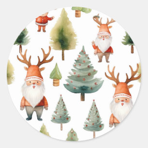 Weihnachtsbaum und Weihnachtsmann in Wasserfarben Runder Aufkleber