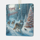 Weihnachtsbaum und Wölfe im Schneeschmuck Keramikornament (Links)