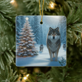Weihnachtsbaum und Wölfe Keramikornament