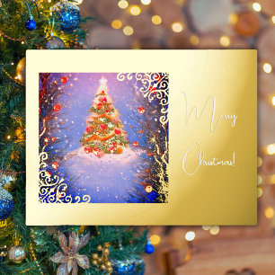 Weihnachtsbaum unter dem Schnee mit Gold Folien Feiertagspostkarte