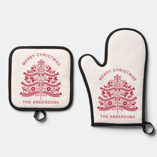 Weihnachtsbaum vom Roten Skandinavien Ofenhandschuh & Topflappen-Set (Vorderseite)