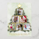 Weihnachtsbaum Wasserfarbe 6 Foto Collage Festival Folien Feiertagskarte<br><div class="desc">Diese lustige Urlaubskarte verfügt über einen handgemalten Weihnachtsbaum in Aquarellfarbe, der mit einer Pyramide von sechs Fotos in vergoldeten Rahmen verziert ist. Es gibt einen goldenen Stern an der Baumspitze und Platz für eine kurze Note/Unterschrift unten. Niedlich, festlich und lustig, diese Karte ist eine wunderbare Möglichkeit, um Fotos aus der...</div>