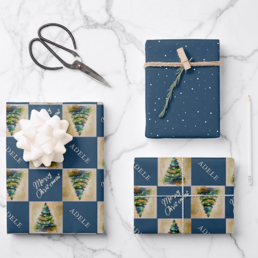 Weihnachtsbaum Wasserfarbe Blauer Feiertag Geschenkpapier Set (Vorderseite)