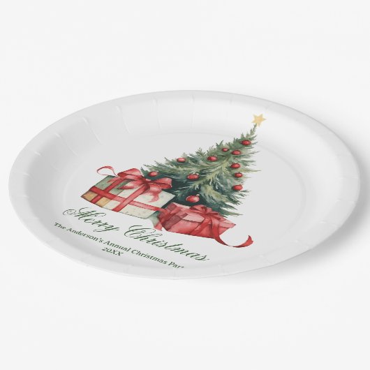 Weihnachtsbaum Wasserfarbe Elegantes Skript Pappteller (Schrägansicht)