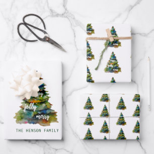 Weihnachtsbaum Wasserfarbe Fröhlich Lustig Glückli Geschenkpapier Set