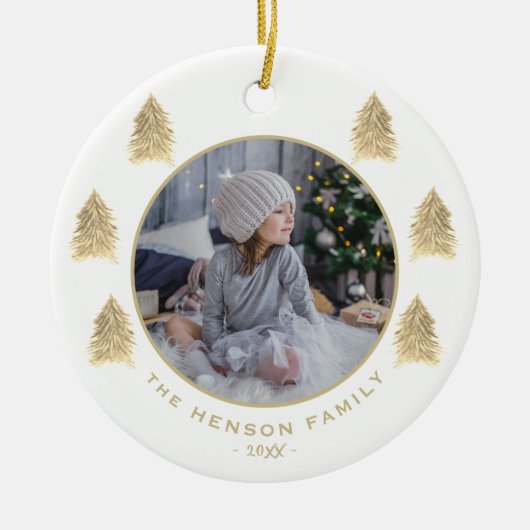 Weihnachtsbaum Wasserfarbe Golden Family Foto Keramik Ornament (Vorne)