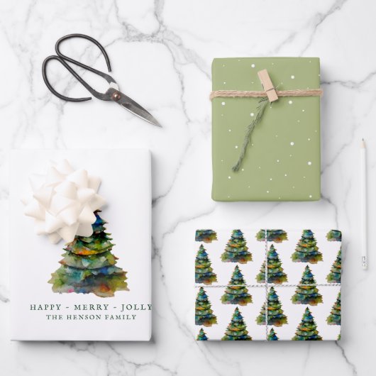 Weihnachtsbaum Wasserfarbe Merry Jolly Geschenkpapier Set (Vorderseite)