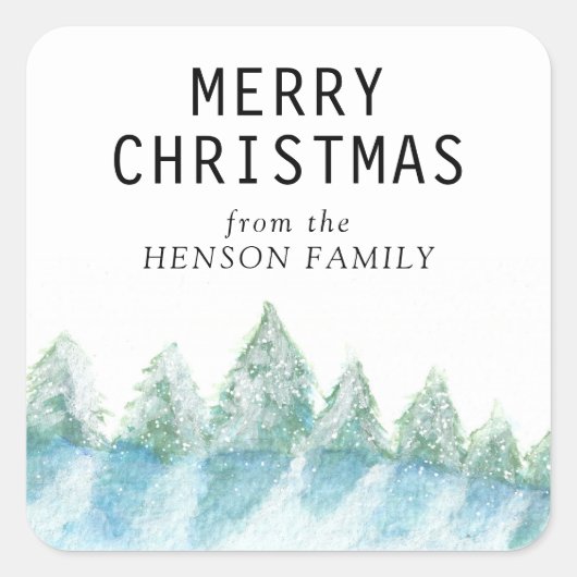 Weihnachtsbaum Wasserfarbe Snowy Forest Artistic Quadratischer Aufkleber (Vorderseite)