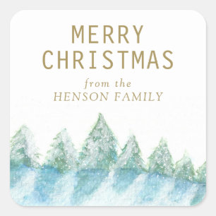 Weihnachtsbaum Wasserfarbe Snowy Forest Artistic Quadratischer Aufkleber