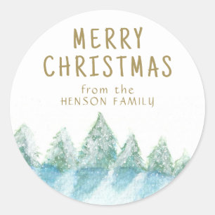 Weihnachtsbaum Wasserfarbe Snowy Forest Artistic Runder Aufkleber