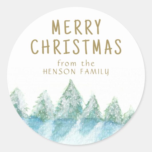 Weihnachtsbaum Wasserfarbe Snowy Forest Artistic Runder Aufkleber (Vorderseite)