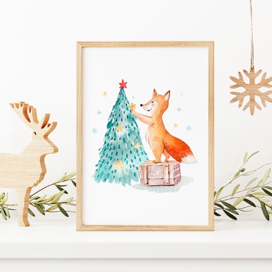 Weihnachtsbaum-Wasserfarbe und süßer Fuchs Poster