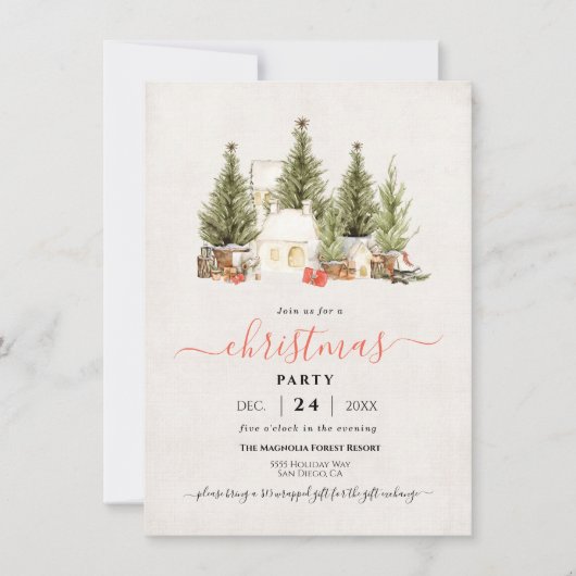 Weihnachtsbaum Wasserfarben Geschenktausch Party Einladung (Vorderseite)