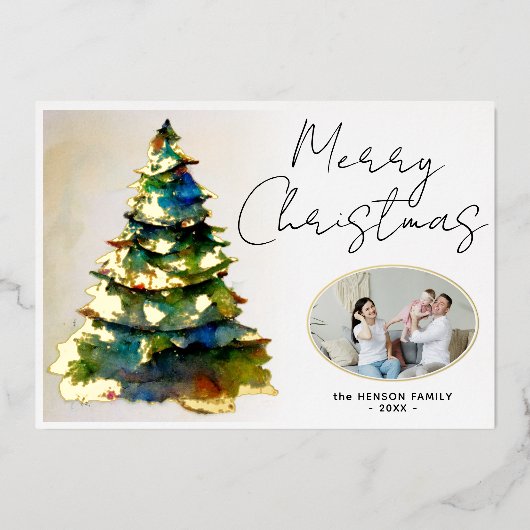 Weihnachtsbaum Wasserfarben Kunstmuseum Foto Foil Folieneinladung (Vorderseite)