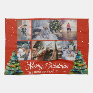 Weihnachtsbaum Wasserfarbenfamilie 6 FotoCollage Geschirrtuch