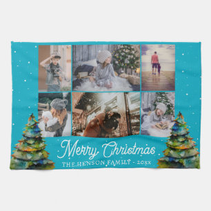 Weihnachtsbaum Wasserfarbenfamilie 6 FotoCollage Geschirrtuch