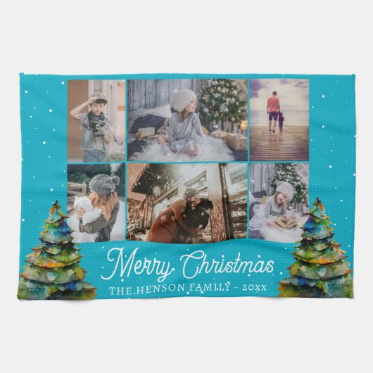 Weihnachtsbaum Wasserfarbenfamilie 6 FotoCollage Geschirrtuch (Horizontal)