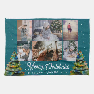 Weihnachtsbaum Wasserfarbenfamilie 6 FotoCollage Geschirrtuch